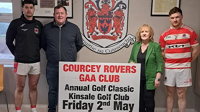 At the launch of the Courcey Rovers annual golf classic were (from left): Sean Twomey (captain), Paul Nyhan (Nyhan Motors), Mairead McCarthy (sponsor,  Insulex, and Kevin Collins (captain, Courcey Rovers junior hurlers). Missing from the photo are sponsors Ross Oil, Kitty O’Shea’s and Stryker.