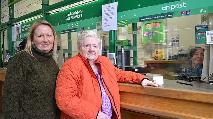 Ann-Marie and Margaret O'Donoghue at Skibbereen Post Office on Friday morning before it closed at its traditional premises and makes the move to its new premises at the Dringah Euro Spar.   (Photo: Anne Minihane)
