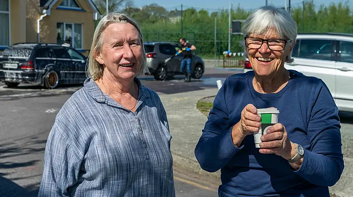 Left: Andrew Sweetnam 'working at the carwash' for the Abbeystrewry National School fundraiser. Right: Locals Bernadette O'Riordan and Diana Pitcher supporting the fundraising carwash. (Photos: Andy Gibson)