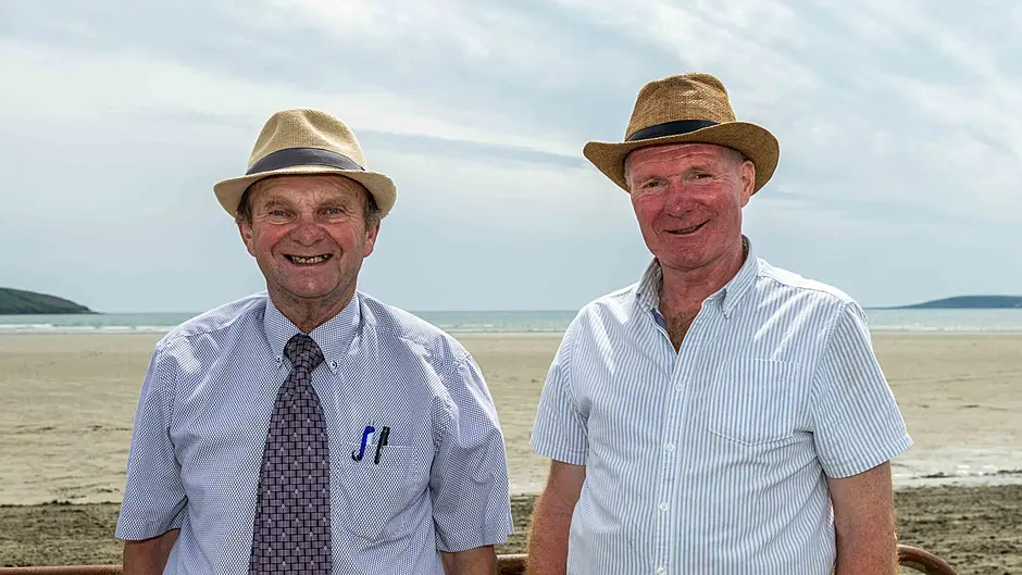Jerry O'Mahony, Reenascreena with John O'Neill, Clonakilty, at the first harness racing meeting of the year at Harbour View beach. (Photo: Andy Gibson)
