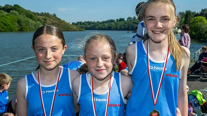 Kilmacsimon, West Cork, Ireland. 10th May, 2025. Kilmacsimon Rowing Club held a coastal rowing regatta on Saturday last. Teams from across West Cork competed in what was called a 'fun' regatta. Fresh from winning their race were Myross Rowing Club rowers Ruby Cahalane; Ella O'Donovan and Katie Browne. Picture: Andy Gibson.