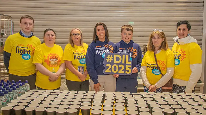 Stewards and Helpers, (L to R), David Treacy, Claire Lucey O’Sullivan, Cathy O’Regan, Liz Bryan, Cahal Bryan, Deirdre O’Reilly and Susan Nyhan pictured at the refreshment stand at the Darkness into Light walk in Bandon.