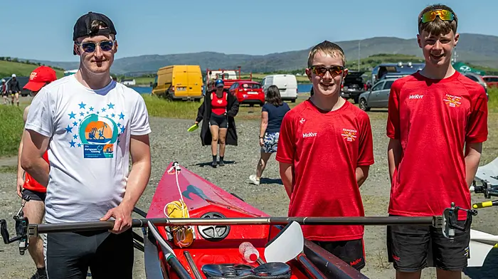 The Bantry Coastal Sculling Regatta took place at the aerodrome in Bantry today, with teams from all over West Cork competing. David Lynch; Peter Crowley and Matthew Nixon of Kilmacsimon RC. Picture: Andy Gibson.