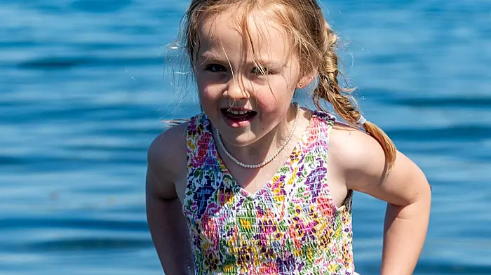Bantry, West Cork, Ireland. 17th May, 2025. The Bantry Coastal Sculling Regatta took place at the aerodrome in Bantry today, with teams from all over West Cork competing. Playing in the water at the regatta was 5 year old Amelia Tanner from Bantry. Picture: Andy Gibson.