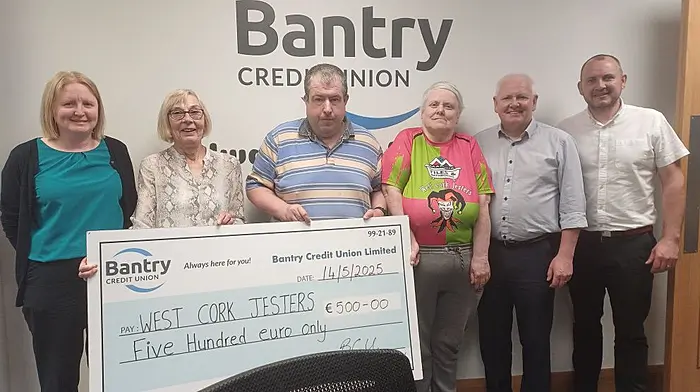 Bantry Credit Union is proud to be associated with the West Cork Jesters, a team that all began with a game of tag rugby at CoAction in 2018, that was inspired and organised by Bantry’s Nobby Dunne.  Bantry Credit Union supported the Jesters in the IMART Mixed Ability Rugby World Cup in Cork in 2022 and is delighted to support the participation of Bantry-man Sean Healy in the Jesters’ team that is representing West Cork at the IMART Rugby World Cup in Spain next month. Credit Union staff Noreen Cronin, Anna Fitzgerald, Finbarr O'Shea and Peadar Noonan welcomed Jesters’ Sean Healy and Joy Robinson to the office to mark the occasion.
