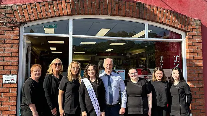 Ann Kingston, Susan Moloney, Aine Burke, Marie Barrett, Eoin Deasy, Ciara Hurley, Clodagh Ring and Katelynn Crowley all wishing Marie Barrett the best in her venture. Marie will be representing Bantry at this year’s Cork Rose of Tralee selection in the Rochestown Park Hotel on Sunday June 1st. She is kindly being sponsored by her boss Eoin Deasy from Coens Pharmacy, Bantry.