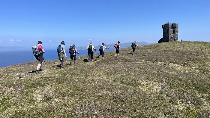 Members of the Dunmanway hillwalking club enjoying a walk to O’Sullivan Beare’s castle on Dursey Island.