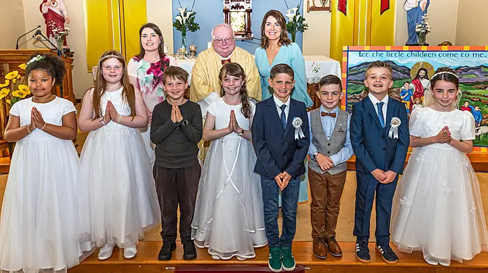 Children of Trafrask and Adrigole Schools celebrated their First Holy Communion with their Michelle Tobin (teacher),  Fr Martin Sheehan, Louisa O’Donoghue (teacher), Harriet Fasanya, Amy Crowley, Panas Fedorchuk, Rìona Carey, Paudie O’Grady, Jamie Lynch, Fionn O’Donoghue and Lucy Lynch. (Photo: Anne Marie Cronin)