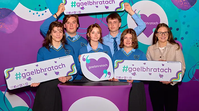 Aoibheann Ferguson, Mark O’Driscoll, Genevieve Howe Prior, Sean Finnegan, Orla Herlihy and Lisa O’Sullivan (teacher) from Kinsale Community School at the Gaelbhratach awards ceremony last week where the students were awarded the flag in recognition of their efforts to inspire and empower their school communities to speak Irish.                 (Photo: Cathal Mac an Bheatha)