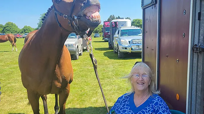 Susan McCarthy of Meelin Stud being wished a happy 70th birthday by Meramarr the horse at the Bandon Agricultural Show last Sunday.