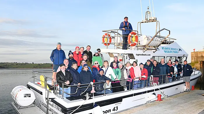 The Lady Catherine, skippered by Mark Gannon, at the pontoon in Courtmacsherry following the maritime and historical tour around Courtmacsherry Bay which was organised by Atlantic Whale and Wildlife Tours in aid of the Courtmacsherry Lifeboat 200 celebrations. During the three-hour evening trip on Wednesday May 7th, that raised close on €1,000, author and historian Jerome Lordan of the Old Head provided the commentary.   (Photo: Martin Walsh)