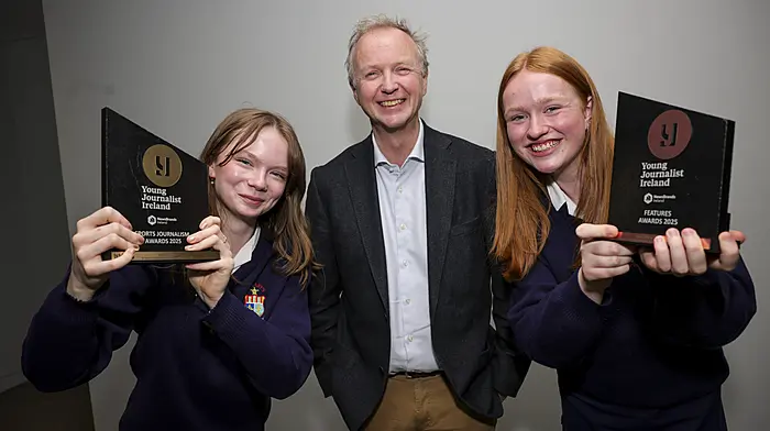 Jessica Murphy and Rachel Twomey, both of St Mary’s Macroom, who were award winners at the recent Young Journalist Ireland awards. Jessica won first prize in the sports journalism category for her article on male dominance within the high levels of equestrian sport. Rachel, meanwhile, took third prize in the features category for her piece, Silent Mode - A Week Without my Phone.  (Photo: Chris Bellew)