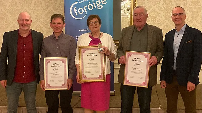 At the Foróige service awards ceremony were John Dennigan (RYO Foróige),  Diarmuid O'Donovan (Leap), Betty Hennessy (Ballinascarthy), Den Joe Twomey (Leap) and Denis O'Brien (development manager, Foróige)