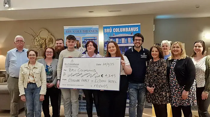 Breda, Caoimhe and Mikey O’Sullivan expressed thanks to everyone who supported the ‘Mick The Finest’ darts tournament which was held at the Eldon Hotel in early February. The event was a major success and raised €4,345 for Bru Columbanus. Thanks was expressed to the Eldon Hotel and Cian O’Mahony, Wesco who donated prize money and trophies and to everyone who supported the fundraiser in any way. The event was held in memory of the late Mick O’Sullivan.