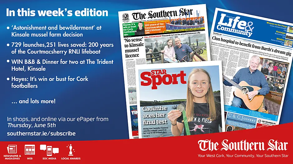 THE SOUTHERN STAR IS IN STORES NOW: 'Astonishment and bewilderment' at Kinsale mussel farm decision; Win an overnight escape for two at the Trident Hotel Kinsale; Hayes: It’s win or bust for Cork footballers Image