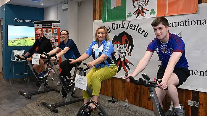 Raising funds for the West Cork Jesters at the charity spinathon held at the Bank of Ireland, Clonakilty were Mike Deasy (Clonakilty), Lisa Deasy (Union Hall),  Maura McCarthy (Bank of Ireland, Clonakilty) and Brian Hegarty (Reenascreena).                (Photo: Martin Walsh)