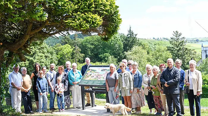 The new vista sign erected at the top of the steps leading to the church is a Tidy Towns project that received a grant to complete. The artistic work was done by Oksana Vorontovas, a Ukrainian native who lives in Timoleague. The sign was launched after mass last Sunday.