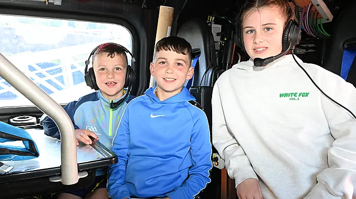 Rua and Flinn Lucitt and May O'Regan, all from Gaggin, Bandon, enjoying their visit onboard the Courtmacsherry Lifeboat, the Val Adnams, over the weekend.   (Photo: Martin Walsh)