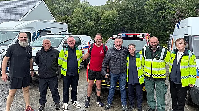 Members from the West Cork Rapid Response during the Beara Way Challenge last week were Dr Jason van der Velde, Mick Lynch, Liam Slattery, Eamon Barry, Paschal Sheehy (RTÉ), Kate Crowley, Shane Buckley and Betty Hennessy.