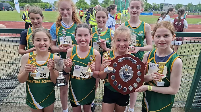 The successful St Mary's Central School junior and senior girls’ relay teams who won gold and silver at the Cork City Sports, which helped secure the overall top school award in their division. Back: Ola Bak, Lucy O'Sullivan, Ella Murray and Laoise Conroy. Front: Moya Hennessy, Lauren O'Mahony, Zoe O'Sullivan and Michaela O'Sullivan.