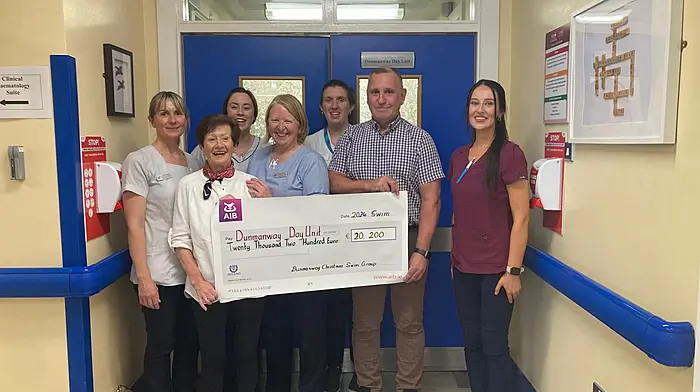 Dunmanway Christmas Swim committee members Kathleen Farrell and Tim Buckley, with members of staff at the Dunmanway Day Unit in Cork University Hospital, where they presented the funds raised at the annual Christmas swim held at Inchydoney on Christmas Day. Absent from the photo are committee members Eileen Lyons, Karen Farr, Niamh Hayes and Mairead McCarthy.