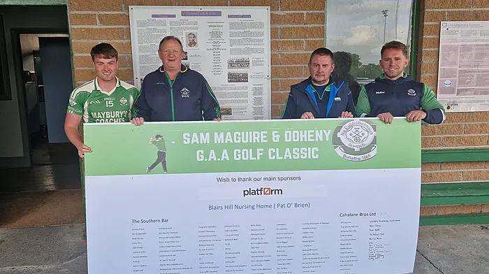 Fionn Herlihy, Mark Farr (chairman, Doheny GAA), Henry Duggan (treasurer, Doheny GAA) and Mark Buckley showcasing the list of sponsors for the upcoming Sam Maguire and Doheny GAA golf classic which will be held this weekend.