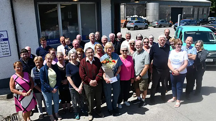 Marge Minihane was surprised and delighted that people who live on the route where she delivered for An Post around the parish of Aughadown, came out to wish her well on her last day at work as their local postwoman.  Marge has been on the route for the last 27 years, and members of the Aughadown Community Council - Sean O'Driscoll, Sean Collins, Hazel Duggan and Michael Crowley - made presentations to her for her  outstanding service to the community. Marge commented that although it's an emotional day, she said that her job was made so much easier as people in Aughadown parish are some of the best you could meet. (Photo: Anne Minihane)