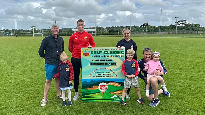 Darren Daly (senior men’s captain) and Laura O’Mahony (senior ladies captain) launched the O’Donovan Rossa golf classic which will be held on June 14th.  At the launch were: David Keohane, Darragh Keohane, Darren Daly, Laura O'Mahony, Art Keohane, Sean Carmody and Norah Carmody.