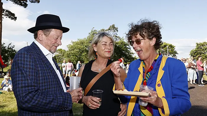 Brendan Conroy, Camilla Griehsel and Carmel Winters enjoying at the launching of Fastnet Film Festival in Schull. (Photo: Carlos Benlayo)