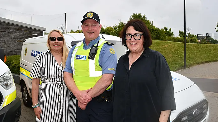 Teachers Orla O'Sullivan and Sarah McCarthy with Garda James Crowley at a safety talk at the school. (Photo: Anne Minihane)