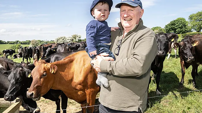 Peter Desmond, Bandon with his nine-month-old grandson Darragh O'Sullivan at a Teagasc, in collaboration with Shinagh Estates and Carbery, open day on Share Farming and Succession Pathways at Gurteen Farm, Shinagh Estates, Bandon. (Photo: O'Gorman)