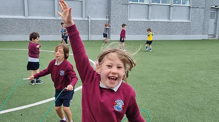 Roisín O’Driscoll, Angela O’Regan and classmates enjoying the ‘skip around Europe’ challenge as part of the Active Week celebrations held in Rath National School.