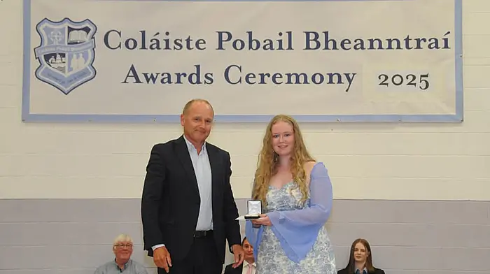 Caoimhe O'Sullivan from Adrigole was recently presented with the Malli Scholarship Award for the best Leaving Certificate results in 2024 at a ceremony held at Coláiste Pobail Bheanntraí, where Dr Kevin Healy presented Caoimhe with her award.