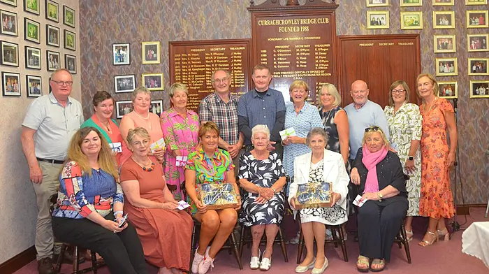 Curraghcrowley Bridge Club held their president Ann Bailey's prize last Wednesday night. Front: Majella Coakley, Freda Creedon, Eithne Lordan (winner) Ann Bailey (president, Curraghcrowley Bridge Club), Mary Callanan (winner) and Margaret O'Donovan.  Back: Gerard O'Driscoll, Paula O'Sullivan, Catherine Cahalane, Moira O'Sullivan, Albert Helen, Jerry O'Mahony, Lucia Murphy, Margaret Ryan, Dermot Lucey, Georgina Deane and Deirdre Moloney.