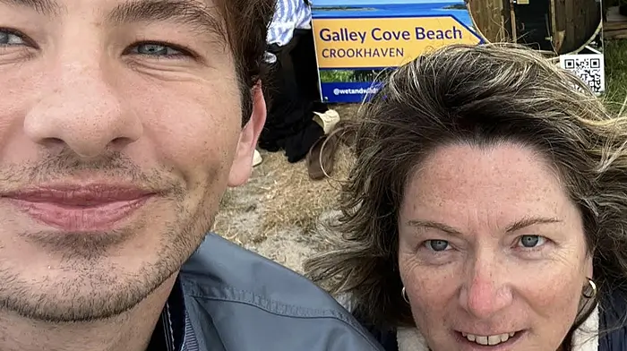 Barry Keoghan with Maura O’Reilly when he stopped in to visit the Wet and Wild Sauna at Galleycove beach.