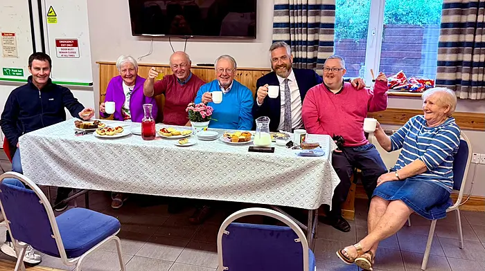 Minister Christopher O’Sullivan attending the Rossmore Theatre Group’s coffee day in aid of Cairde, Clonakilty Community Hospital. From left: Jason Collins, Maura Cal McCarthy, Diarmuid Lawlor, Ger Finn, Christopher O’Sullivan, Andrew Buttimer and Mary Deasy.