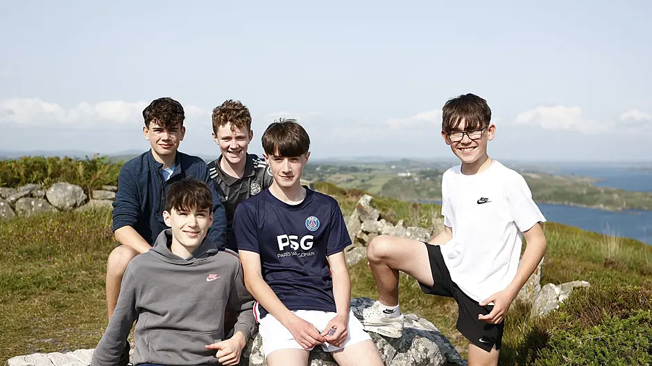 Rory McCarthy, Marcus Moynihan, Alex Lawson, Adam Whelton and Donagh Griffin enjoying their school break at Sailors hill in Schull. Photo by Carlos Benlayo