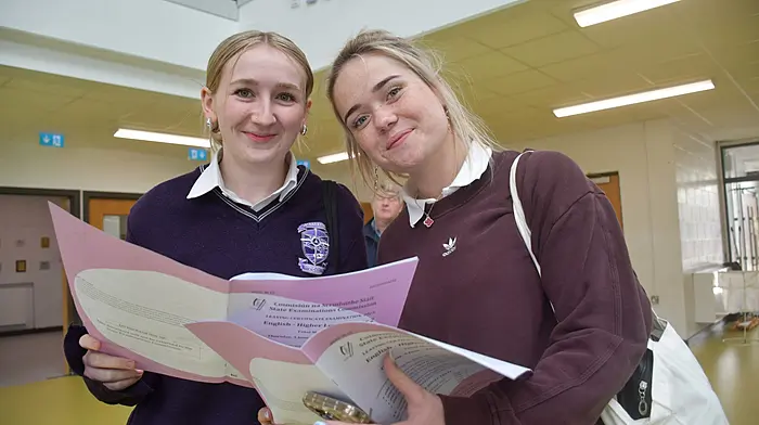 Above: SCS Leaving Cert students Sophia Kate Leahy and Megan Moynihan after completing English Paper 2. Below: Ciara Derwin, Drimoleague and Adelle Swanton, Skibbereen at a St. Joseph's NS fundraiser. (Photos: Anne Minihane)