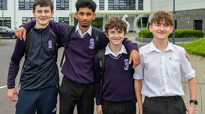 Skibbereen, West Cork, Ireland. 11th Jun, 2025. Skibbereen Community School Leaving and Junior Cert students did more exams today with French for Leaving Cert pupils and Home Economics and Spanish for Junior Cycle students. Pictured before their Junior Cert Spanish exam are Einon Jones; Edwin Viji; Jayden Kelleher and Kuba Tokarcyk. Picture: Andy GIbson.