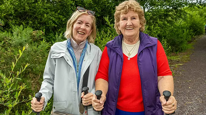 REPRO-FREE: Ballinacarriga, West Cork, Ireland. 6th Jun, 2025. Cork Sports Partnership (CSP) launched a Fitsticks (activator poles) Trail in Ballinacarriga today. Up to 70 people attended the event, which was supported by Cork Sports Partnership and Cork County Council. Taking part in the event were Eileen McCarthy, Dunmanway and Anna O'Donovan, Ballinacarriga. Picture: Andy Gibson.