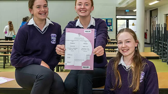 Eleanor Keating, Abbey Caverley and Kate O'Donovan from Skibbereen Community School were all smiles last week after completing their Leaving Cert French exam. (Photo: Andy Gibson)