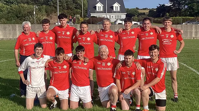 The Urhan junior B team who played Tadgh MacCarthaighs in the Carbery Beara  D4 football league are, back: Johnny Shandon Sullivan, Niall O’Shea, Brandon Early, David Shandon Sullivan, Finbarr Dwyer, Ronan McCarthy, Joe O’Sullivan and Ciaran O’Leary.  Front row: Joseph O’Donovan, Sean Daltun, James Sullivan, Florry Harrington, Donagh Harrington and Ciaran Duggan.