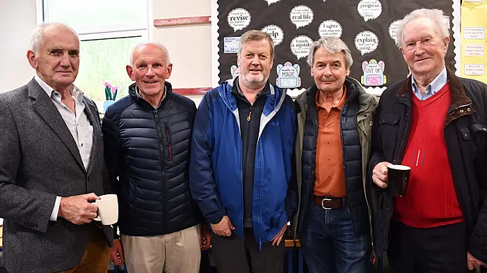 Former pupils of Ardagh Boys National School in Rosscarbery, Michael Paul Hicks (who was a pupil and taught at the school from 1987 – 2020), Finbarr O'Sullivan, Noel Harte and Mike Hodnett (pupils at the school in the early 1970s) and James De Courcey (who attended in the 1950s) at an event at the school last Monday evening. (Photo: Anne Minihane)