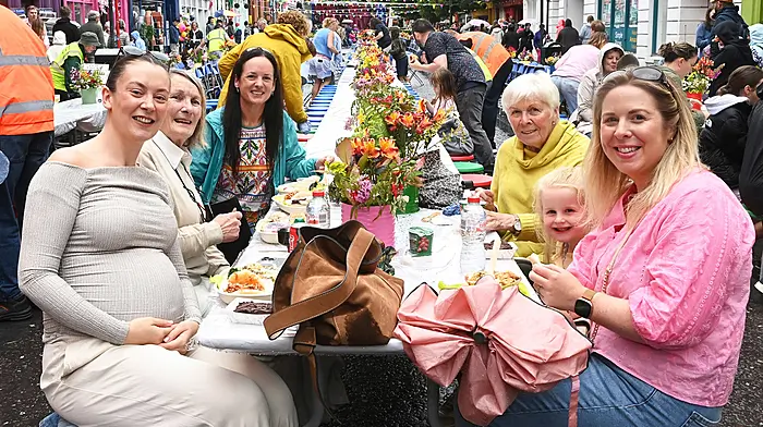 Jessica Shannon from Clonmel with Margaret O'Donnell, Judy Newman, Teresa Cullinane, Aoibhín Dromey and Sheila Dromey, all from Clonakilty, enjoying some food at the Clonakilty Street Carnival. (Photo: Martin Walsh)