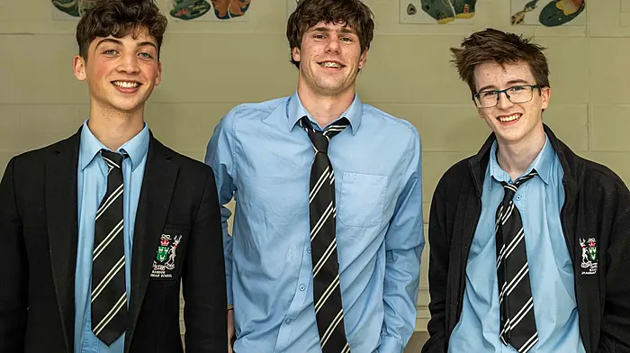 Darragh Walsh, Conall McAuley and Will Cooper from Bandon Grammar School were all smiles before their English paper 2 Leaving Cert exam. (Photo: Andy Gibson)