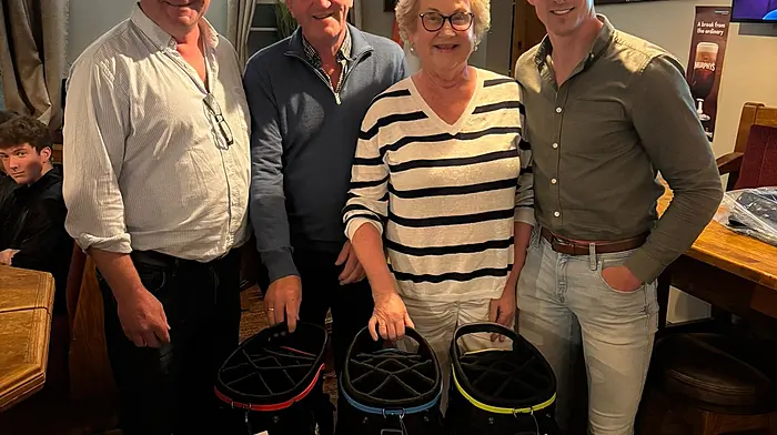 Cora Coleman, Gerard Coleman and Gard O'Donovan took first prize in the Ballymartle annual golf classic and club chairman Don Lordan presented the prizes.  Kitty O'Shea's Bar Kinsale, Mac Plant and Ross Oil were the sponsors.