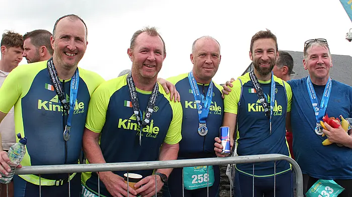 Barry Cronin, Tim Finn, Ronan Nagle, Kieran O'Sullivan and Brian Murphy from the Kinsale Tri Club after completing the Brosnan's Centra Fastnet Triathlon in Schull.  (Photo: Terry Attridge)