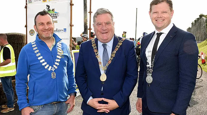 Rob McGarry (vice-president, Carrigaline & District Lions Club),  Lord Mayor of Cork Cllr Dan Boyle and Cllr Jack White, deputising for the county mayor at  Camden Fort Meagher at the start of the Fort2Fort Charity Cycle around Cork Harbour.  (Photo: Adrian O'Herlihy)