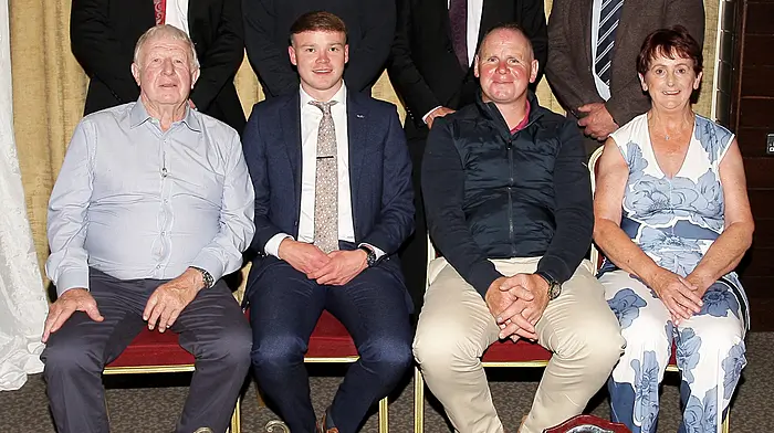 At the Goleen GAA Club Victory Dinner Dance in the Westlodge Hotel on Saturday night were, front, from left, Richie Barry, club president; Padraig Reidy, team captain; Shane O'Neill, team manager, and Josephine O'Donovan, club secretary. Back, from left, Jerry Cullinane, team selector; Shane Kingston, Cork senior hurler and special guest; Kieran O'Sullivan, team selector, and Tim Buckley, Carbery communications officer.