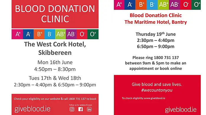 Blood donation clinics for Bantry and Skibbereen Image